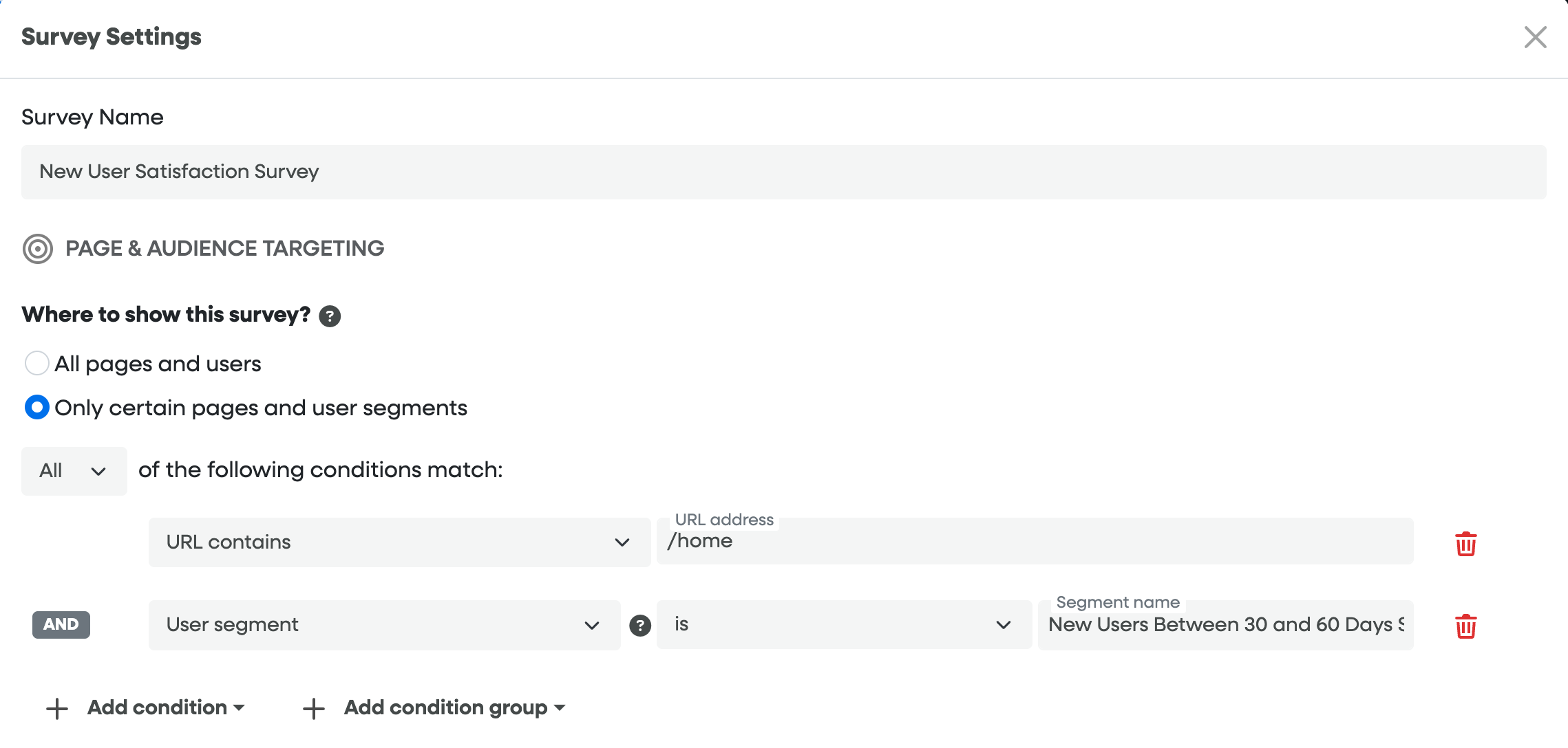 [Screenshot: survey settings showing page and audience targeting with segment selection]