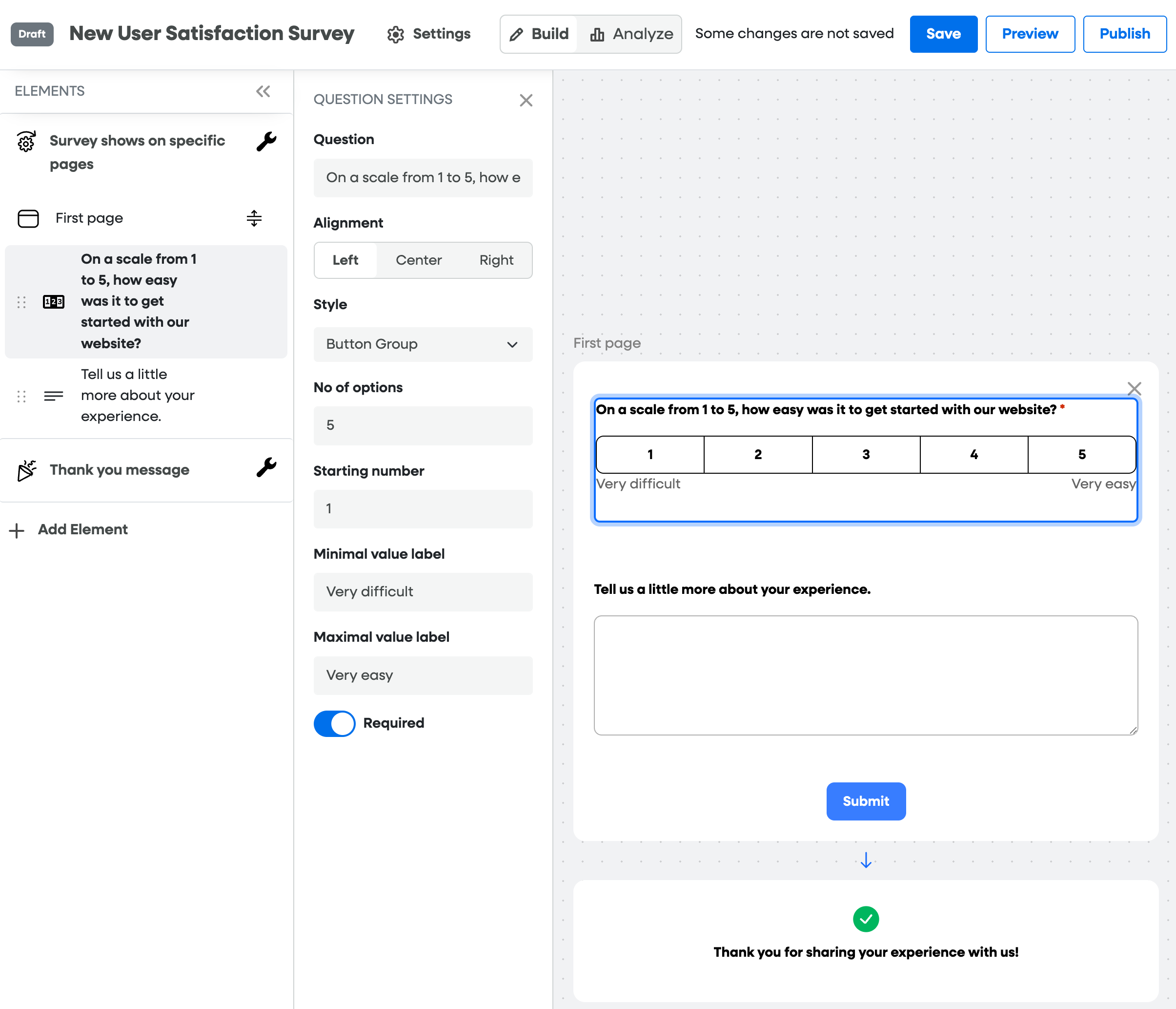 [Screenshot: survey builder showing configured Range Numeric question, Open question, and Thank you message]