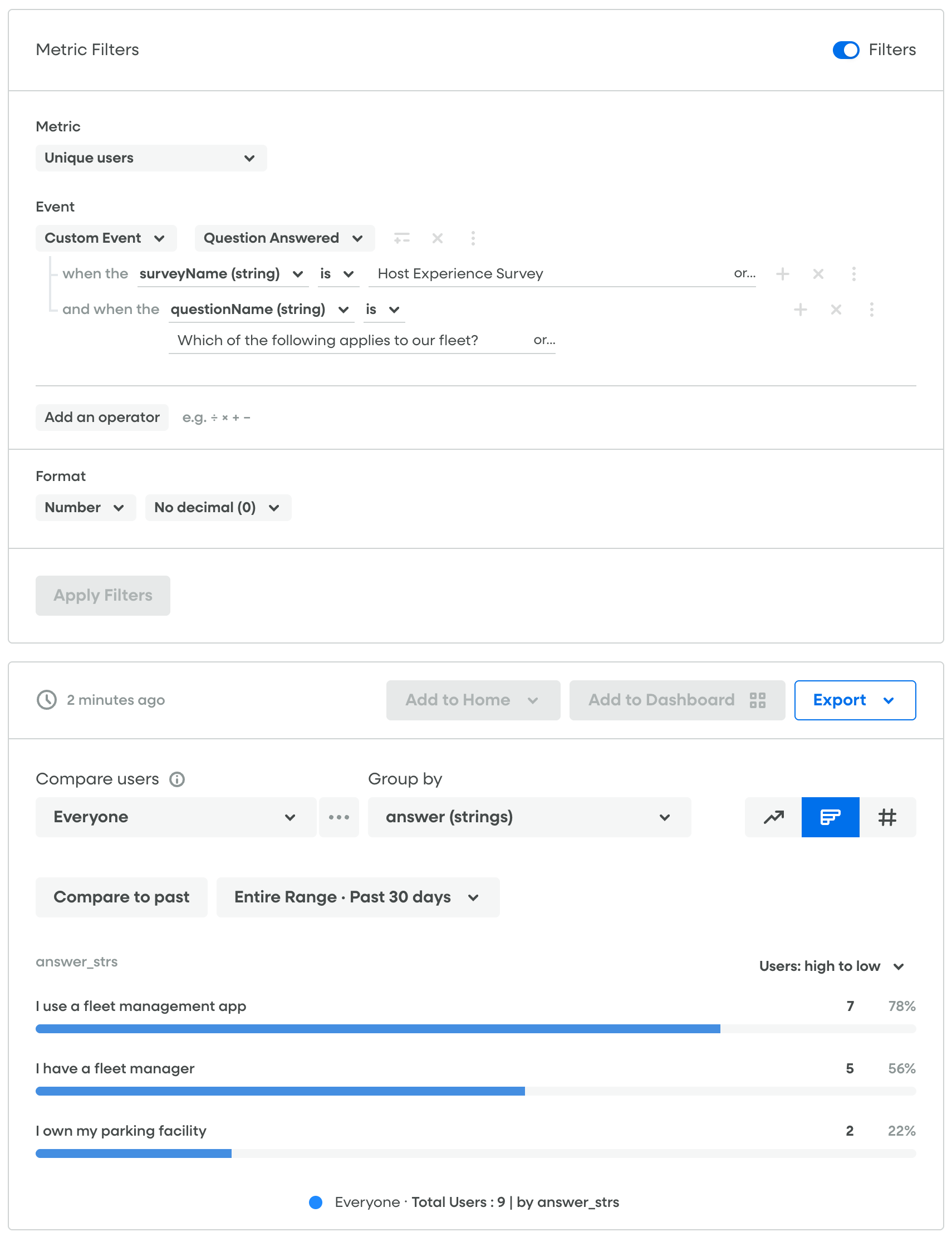 [Screenshot: metric configuration showing answer (strings) grouped by bar chart with multiple selection response counts]