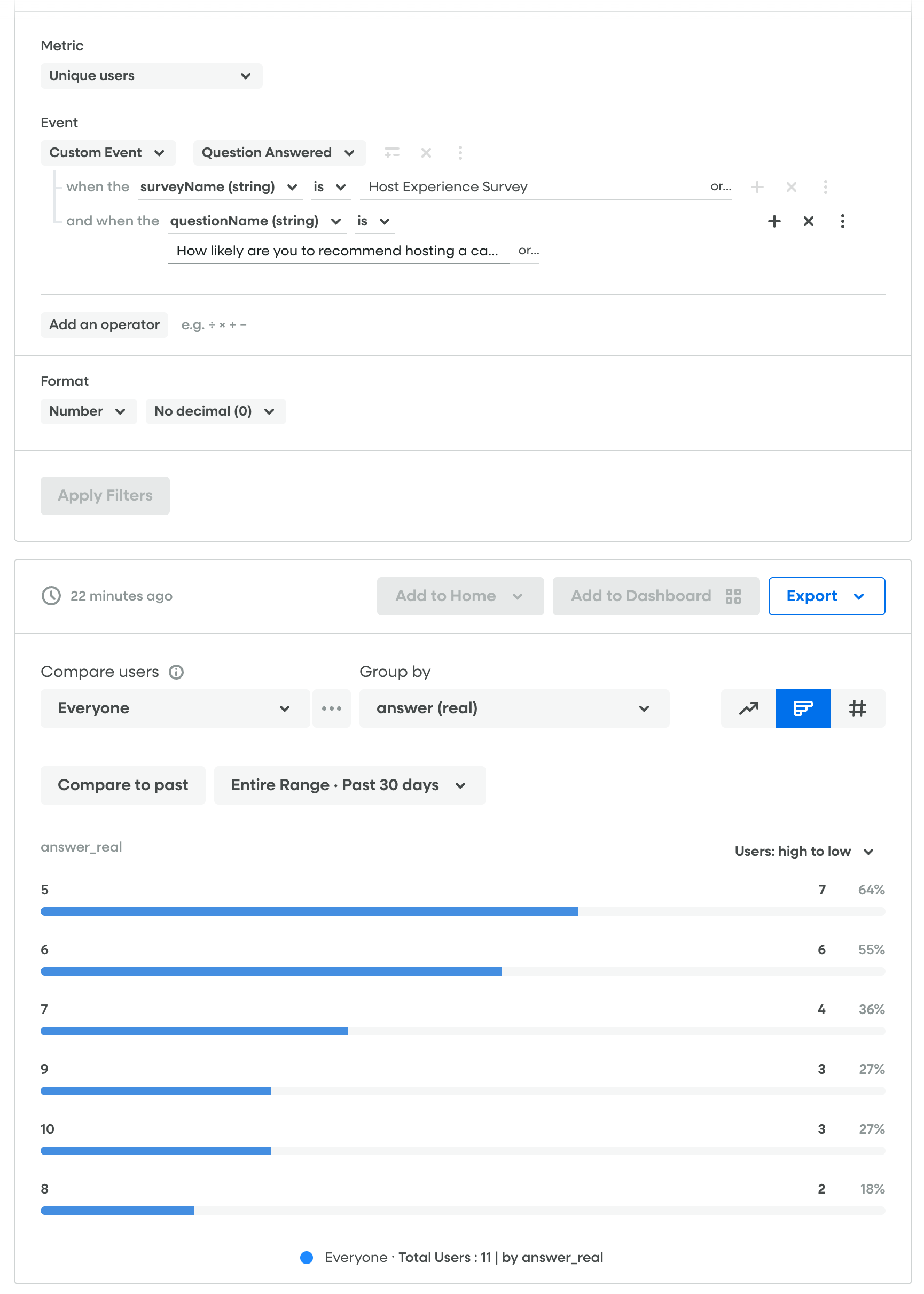 [Screenshot: metric configuration showing answer (real) grouped by bar chart with numeric response counts]