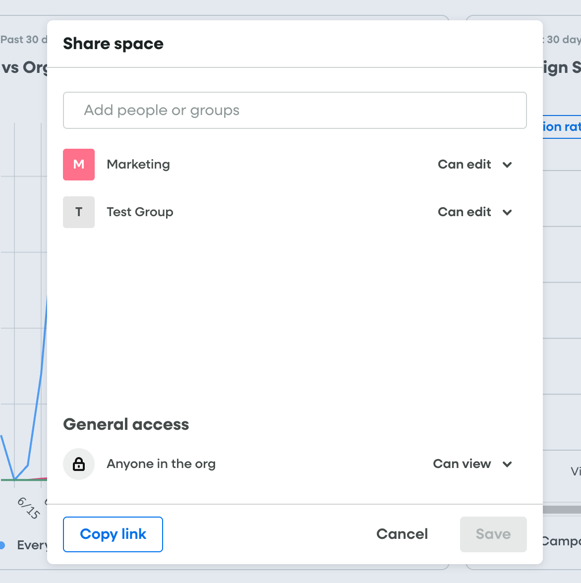Share space modal when viewed from an individual Space > Share button