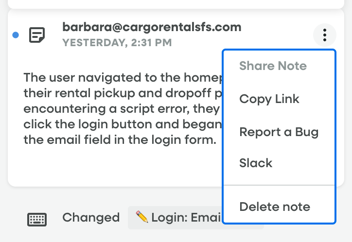 Sharing a note to Slack from the session replay event list