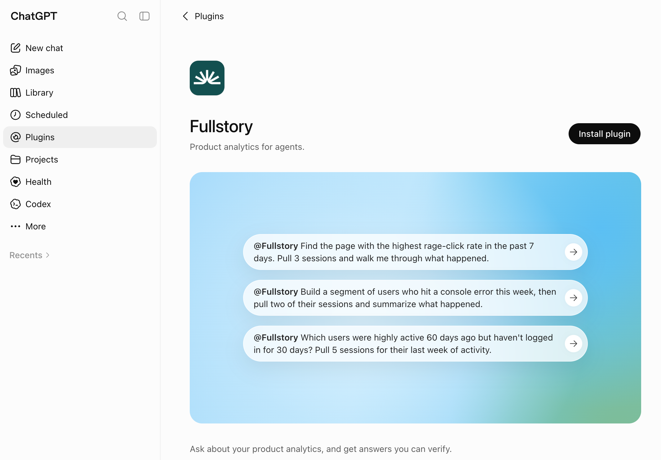 Fullstory plugin in the ChatGPT plugin directory